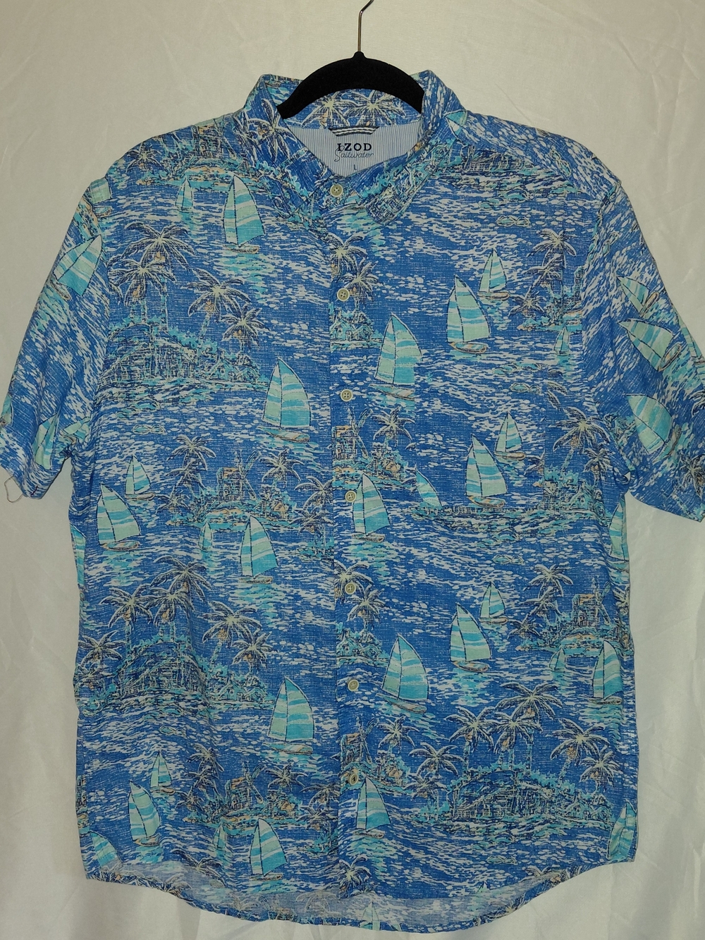 Izod Blue Tropical Sailboat Print Short Sleeve Button-Down Shirt #2307